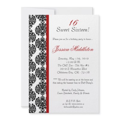 5x7 Crimson Red Damask Birthday Party Invitation by thepapergenius