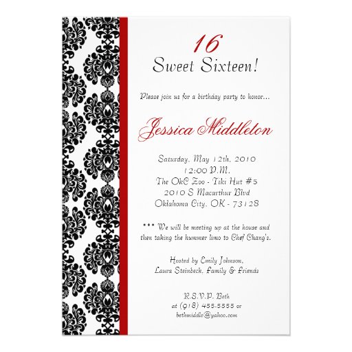 5x7 Crimson Red Damask Birthday Party Invitation