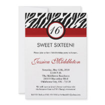 5x7 Crimson Red Zebra16th Birthday Invitation