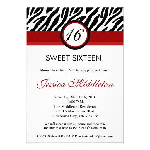 5x7 Crimson Red Zebra16th Birthday Invitation