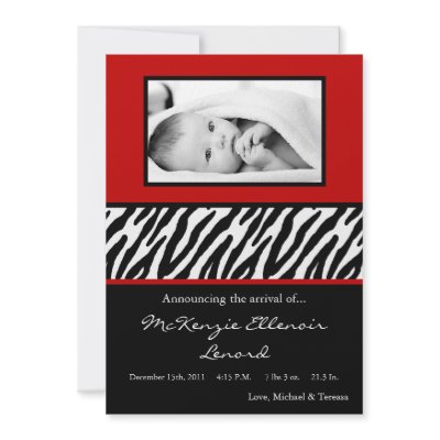 5x7 Crimson Red Zebra PHOTO Birth Announcement by thepapergenius
