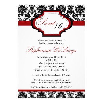 5x7 CrimsonRed Damask Sweet 16 Birthday Invitation