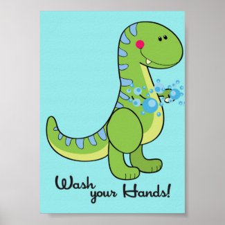 5x7 Dinosaur Wash Your Hands Bathroom Wall Art Poster