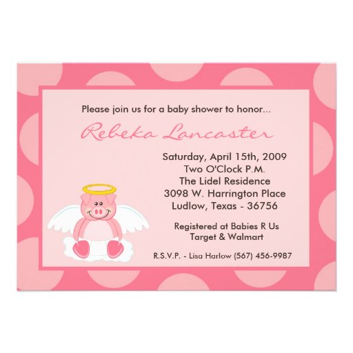 5x7 Girl Pink Polka Dot Pig Baby Shower Invitation