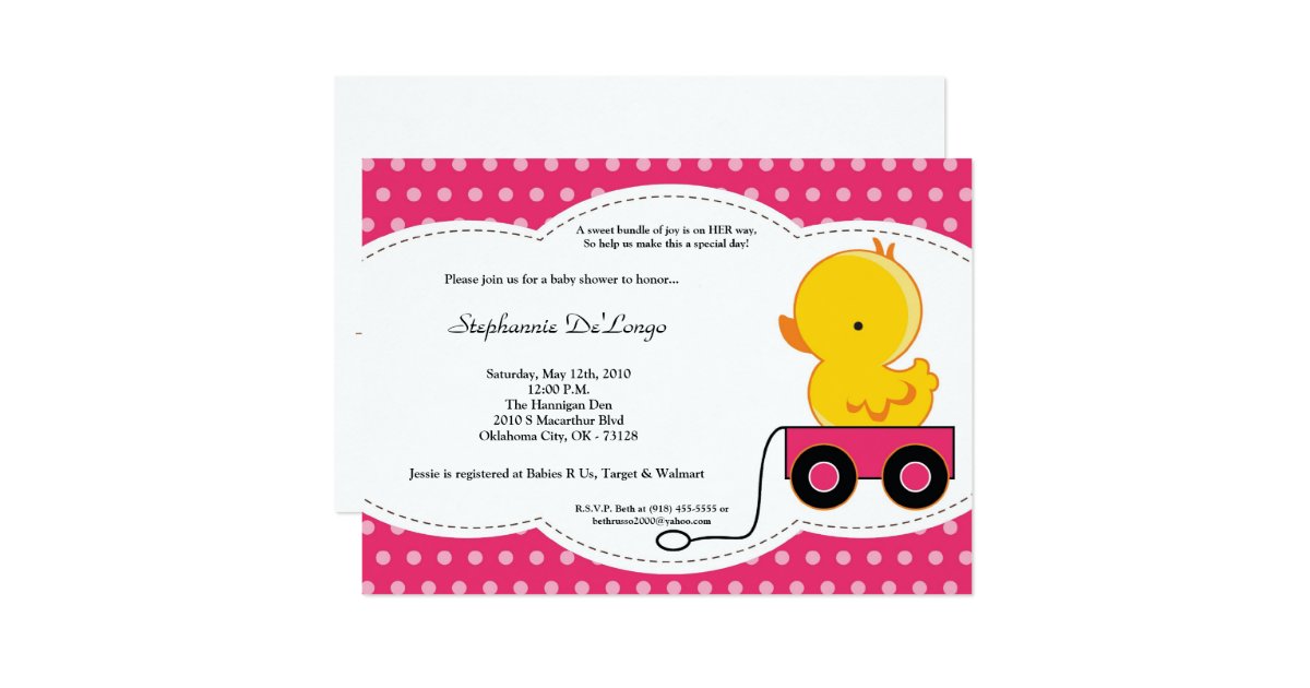 5x7 Girl Pink Polkadot Duck Baby Shower Invitation Zazzle