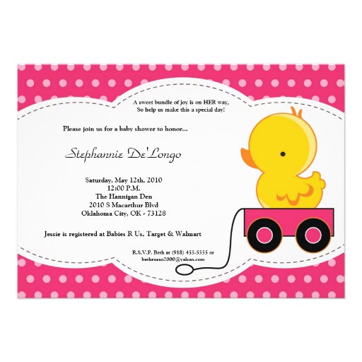 5x7 Girl Pink Polkadot Duck Baby Shower Invitation