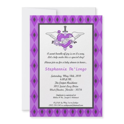 This 5x7 Sized adorable Girl Girly Purple and Gray Argyle Punk Rock Tattoo EMO Baby Shower Invitation is both trendy and chic. It's printed on smooth, 