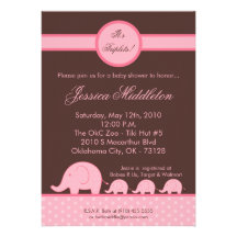 5x7 Girl Triplets Elephant Baby Shower Invitation