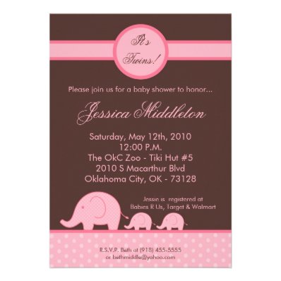 5x7 Girl Twins Mod Elephant Baby Shower Invitation