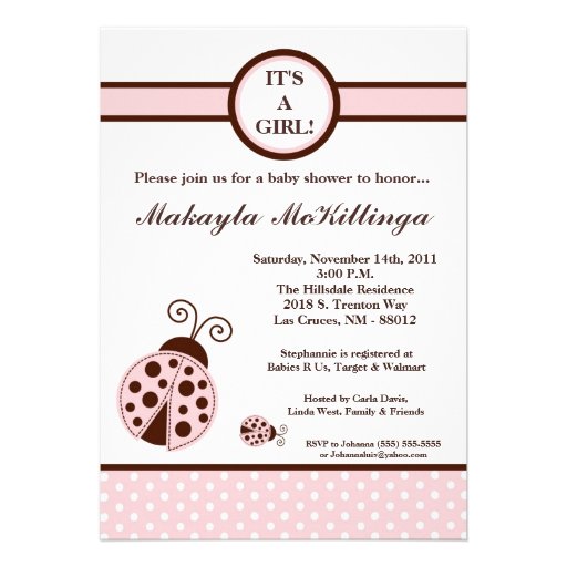 5x7 Girly Pink Lady Bug Baby Shower Invitation