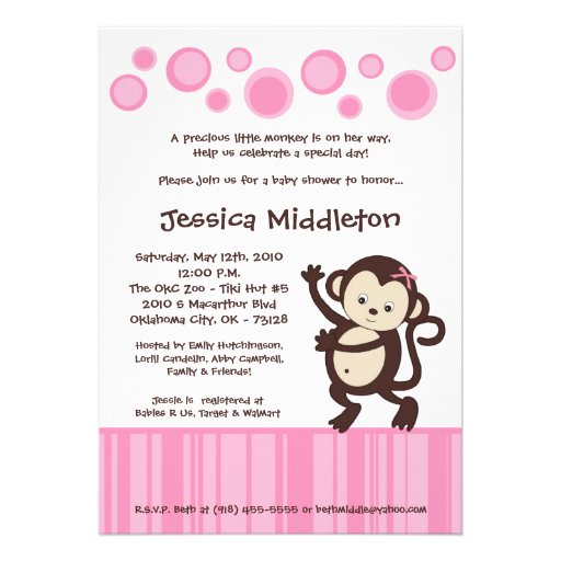 5x7 Girly Pink Monkey Dance Baby Shower Invitation