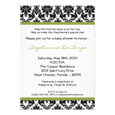 5x7 Green Lime Black Damask Baby Shower Invitation