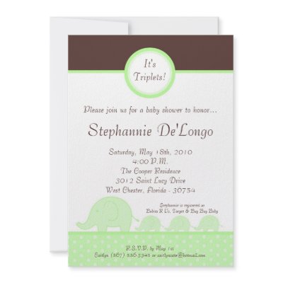 5x7 Green Triplets Elephant Baby Shower Invitation by AnnLeeDesigns