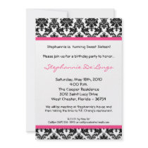 5x7 Hot Pink Blac Damask Birthday Party Invitation