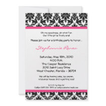 5x7 Hot Pink Blac Damask Birthday Party Invitation