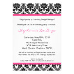 5x7 Hot Pink Blac Damask Birthday Party Invitation