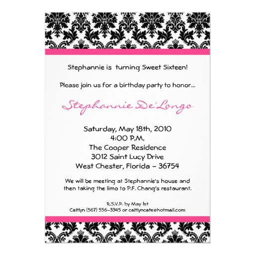 5x7 Hot Pink Blac Damask Birthday Party Invitation