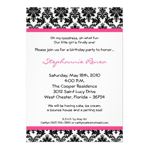 5x7 Hot Pink Blac Damask Birthday Party Invitation