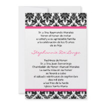 5x7 Hot Pink Blac Damask Quinceanera Invitation
