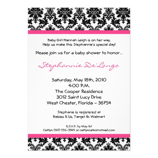 5x7 Hot Pink Black Damask Baby Shower Invitation