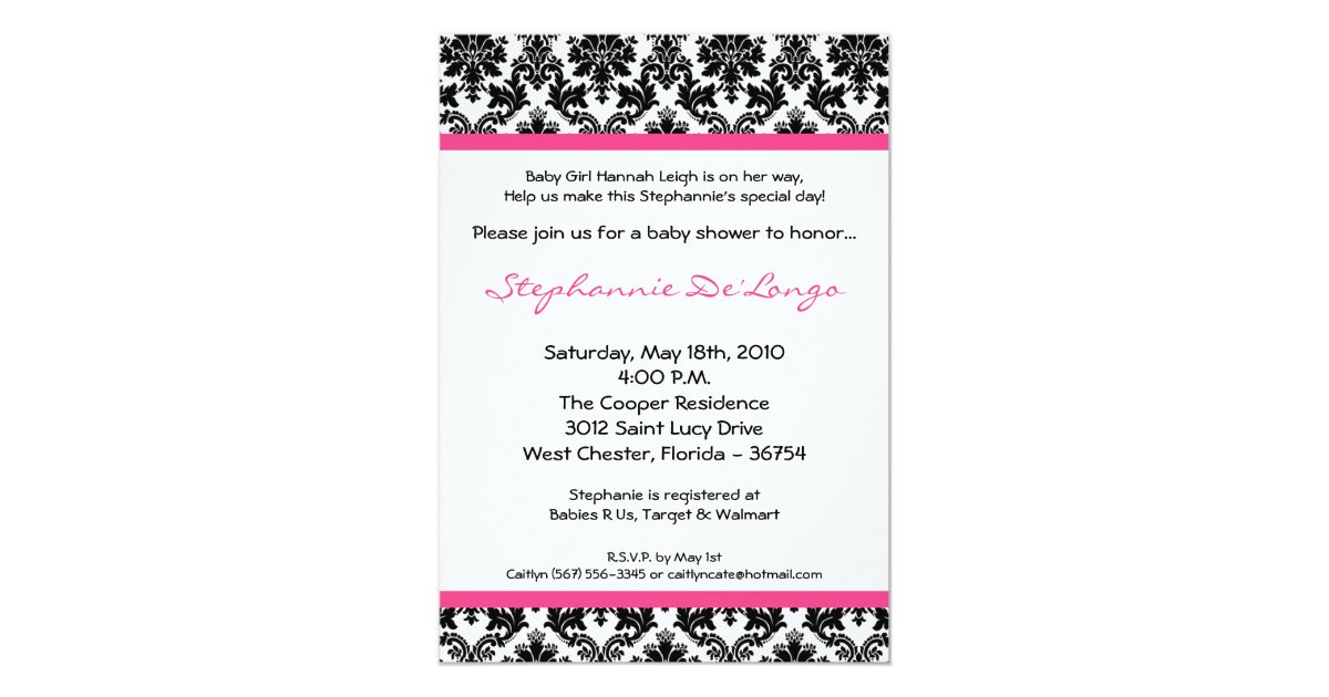 5x7 Hot Pink Black Damask Baby Shower Invitation | Zazzle