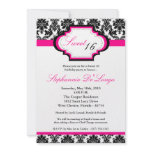5x7 Hot Pink Damask Sweet 16 Birthday Invitation