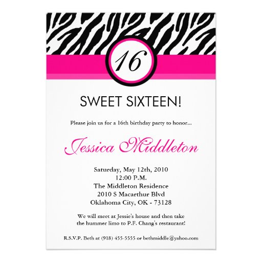 5x7 Hot Pink Zebra16th Birthday Invitation