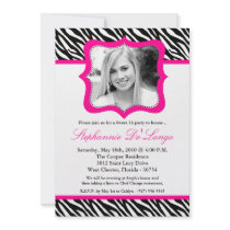 5x7 Hot Pink Zebra PHOTO Sweet 16 Birthday Invite