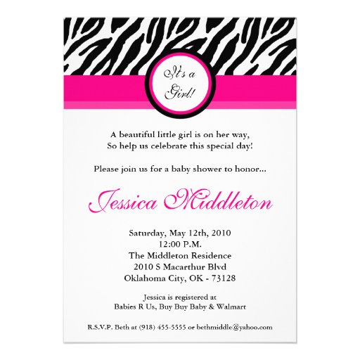 5x7 Hot Pink Zebra Print Baby Shower Invitation