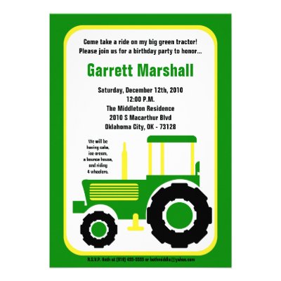 5x7 John Green Farm Tractor Birthday Invitation