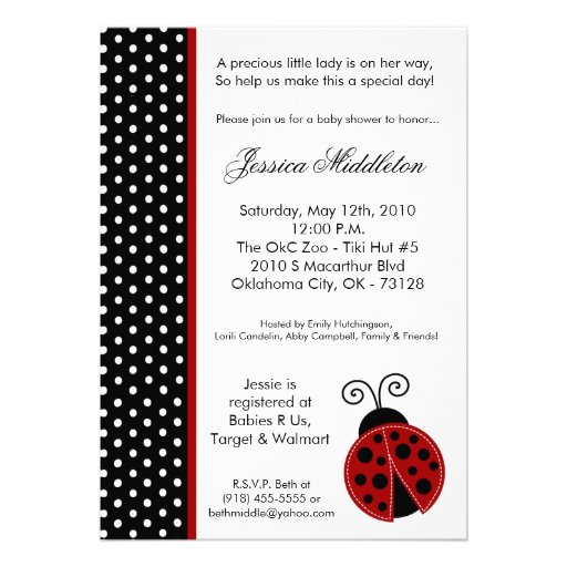 5x7 Lady Bug Black PolkaDot Baby Shower Invitation