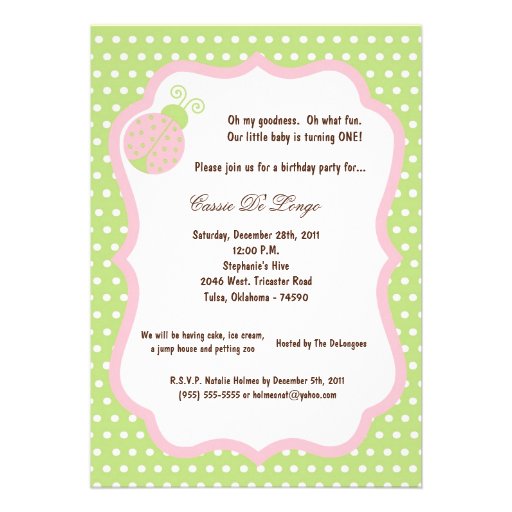 5x7 Light Green Lady Bug Birthday Party Invite (front side)