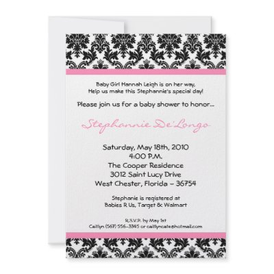 5x7 Light Pink Black Damask Baby Shower Invitation by AnnLeeDesigns