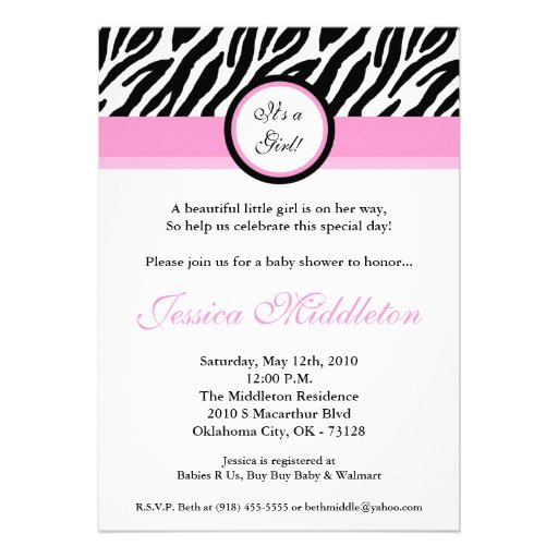 5x7 Light Pink Zebra Print Baby Shower Invitation