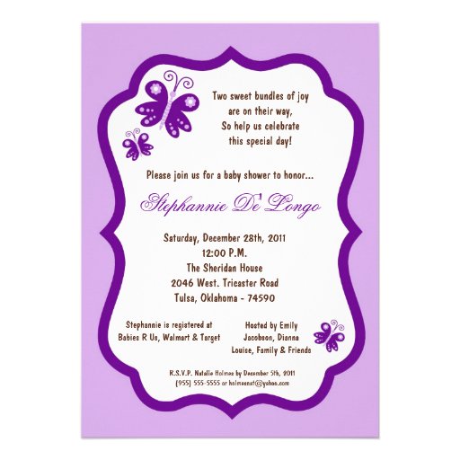 5x7 Light Purple Butterfly Baby Shower Personalized Invites