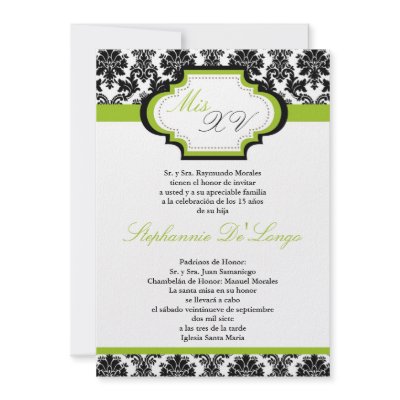 5x7 Lime Green Damask Quinceanera Invitation by AnnLeeDesigns