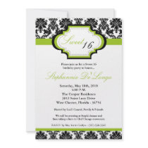 5x7 Lime Green Damask Sweet 16 Birthday Invitation