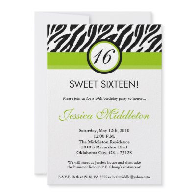 5x7 Lime Green Zebra 16th Birthday Invitation by thepapergenius