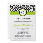 5x7 Lime Green Zebra 16th Birthday Invitation
