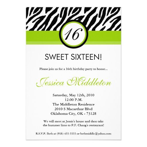 5x7 Lime Green Zebra 16th Birthday Invitation