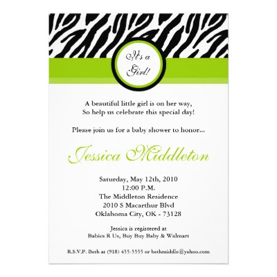 5x7 Lime Green Zebra Print Baby Shower Invitation
