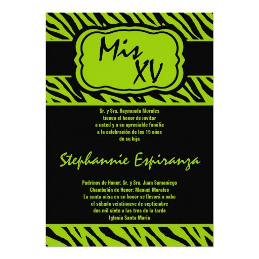 5x7 Lime Zebra Print Quinceanera 15 Invitation