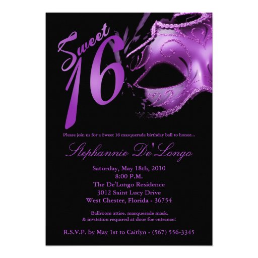 5x7 Masquerade Mask Sweet 16 Birthday Invitation 5 X 7 Invitation