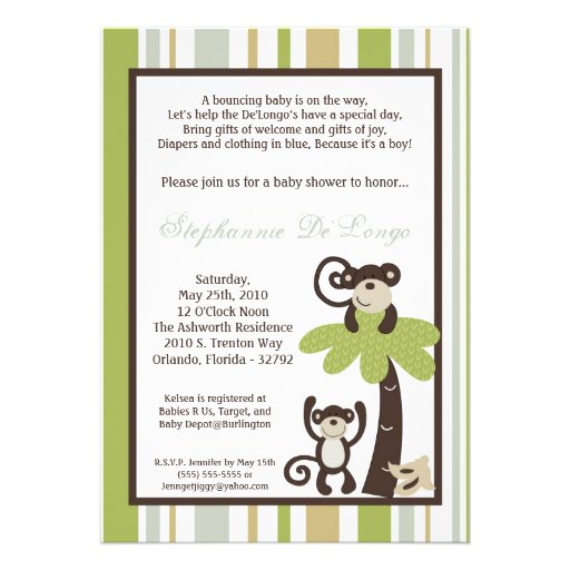 5x7 Monkey Time Zoo Animal Baby Shower Invitation Custom Invitations