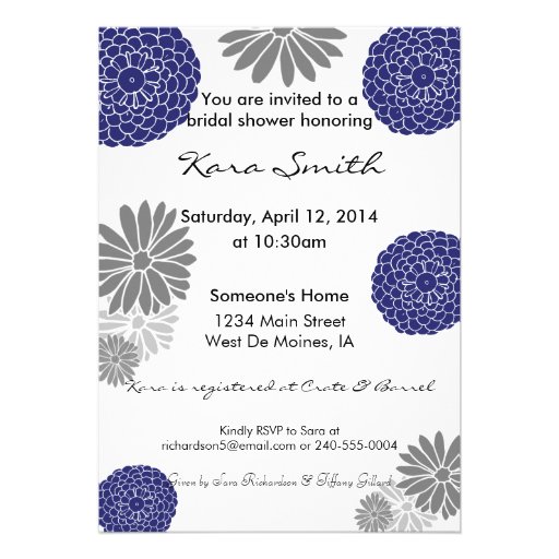 5x7 Navy Blue & Grey Bridal Shower Invitation