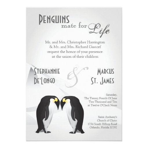 5x7 Penguins Mate for Life Gray Wedding Invitation