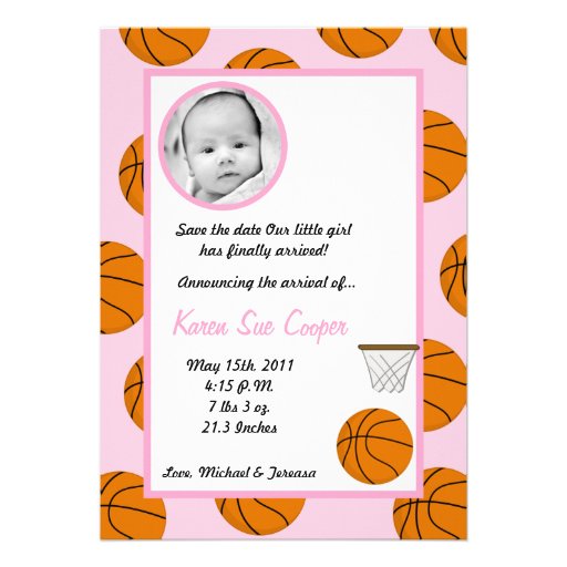 5x7 PHOTO Sports Basket Ball Birth Announcement