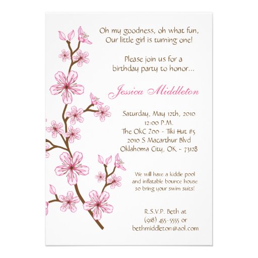 5x7 Pink Cherry Blossom Birthday Party Invitation
