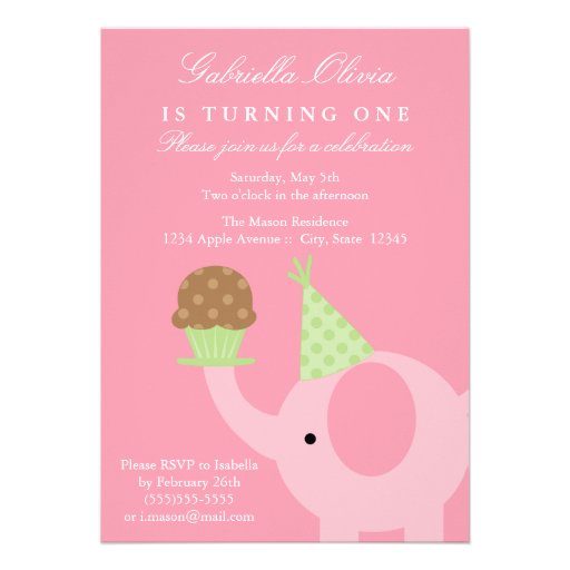 5x7 Pink Elephant Birthday Invitation