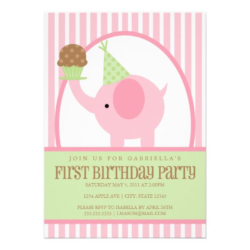 5x7 Pink Elephant Birthday Invitation